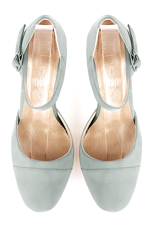 Aquamarine blue women's open side shoes, with an instep strap. Round toe. High block heels. Top view - Florence KOOIJMAN
